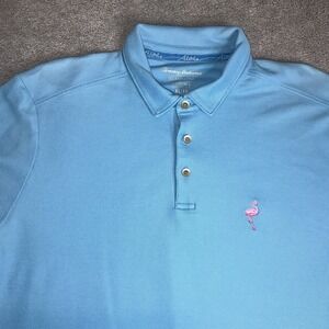 Tommy Bahama Island Zone Polo Shirt‎ Mens XL Trim Fit Blue Supima Santa Flamingo